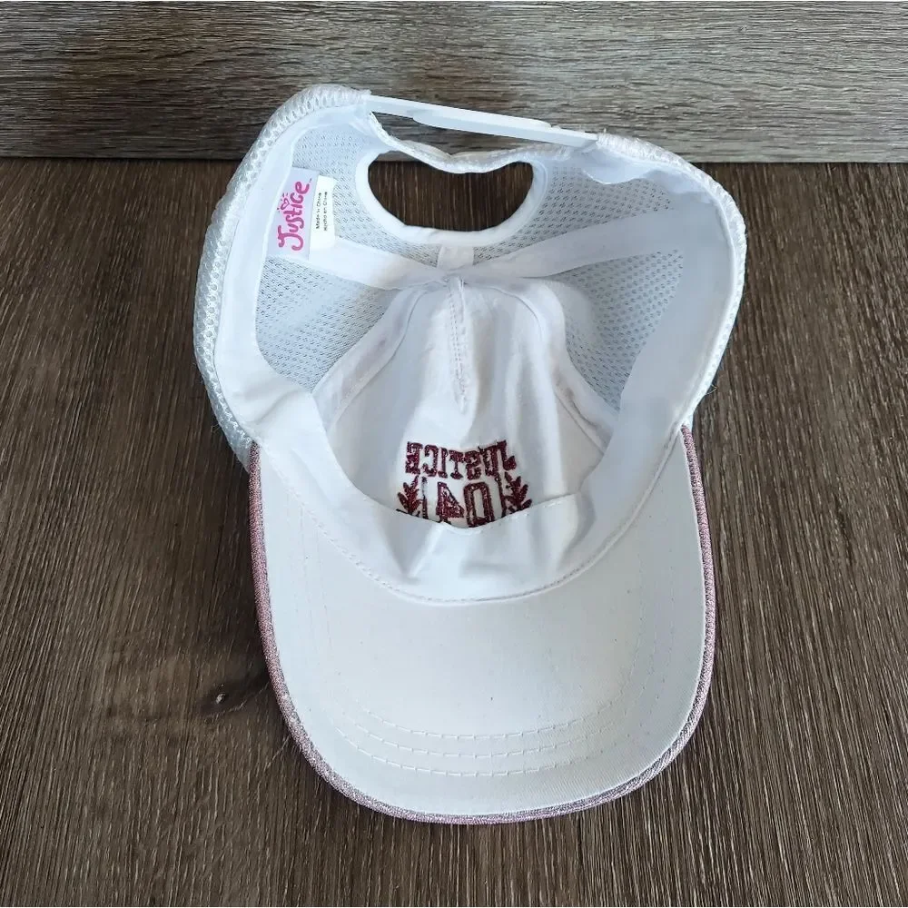 Justice Pink Shimmering Sparkly Iridescent Pony Tail Ball Cap Hat OSFM